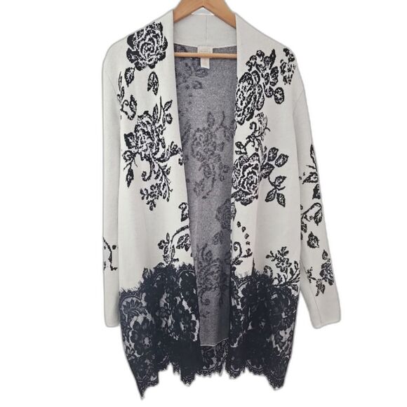 Chico's Sweaters - Chico's Open Front Floral Cardigan Sweater Sz 2 (L/XL) Lace Hem Feminine Chic